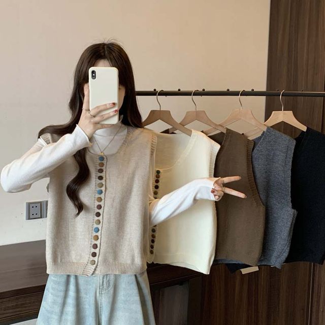 울100% 루즈핏 콩단추 조끼