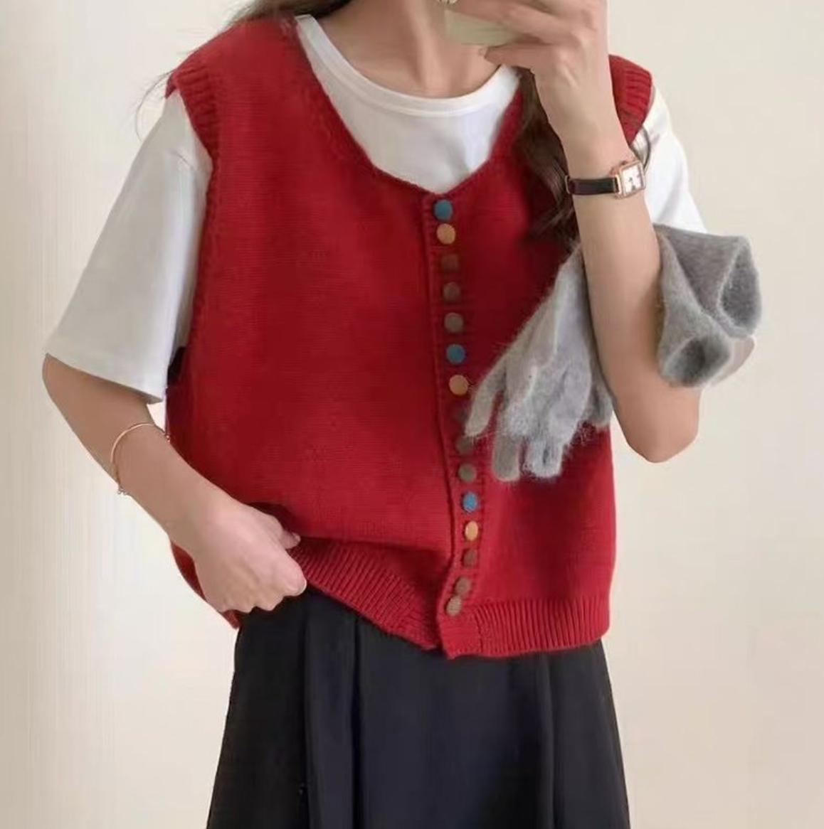 울100% 루즈핏 콩단추 조끼