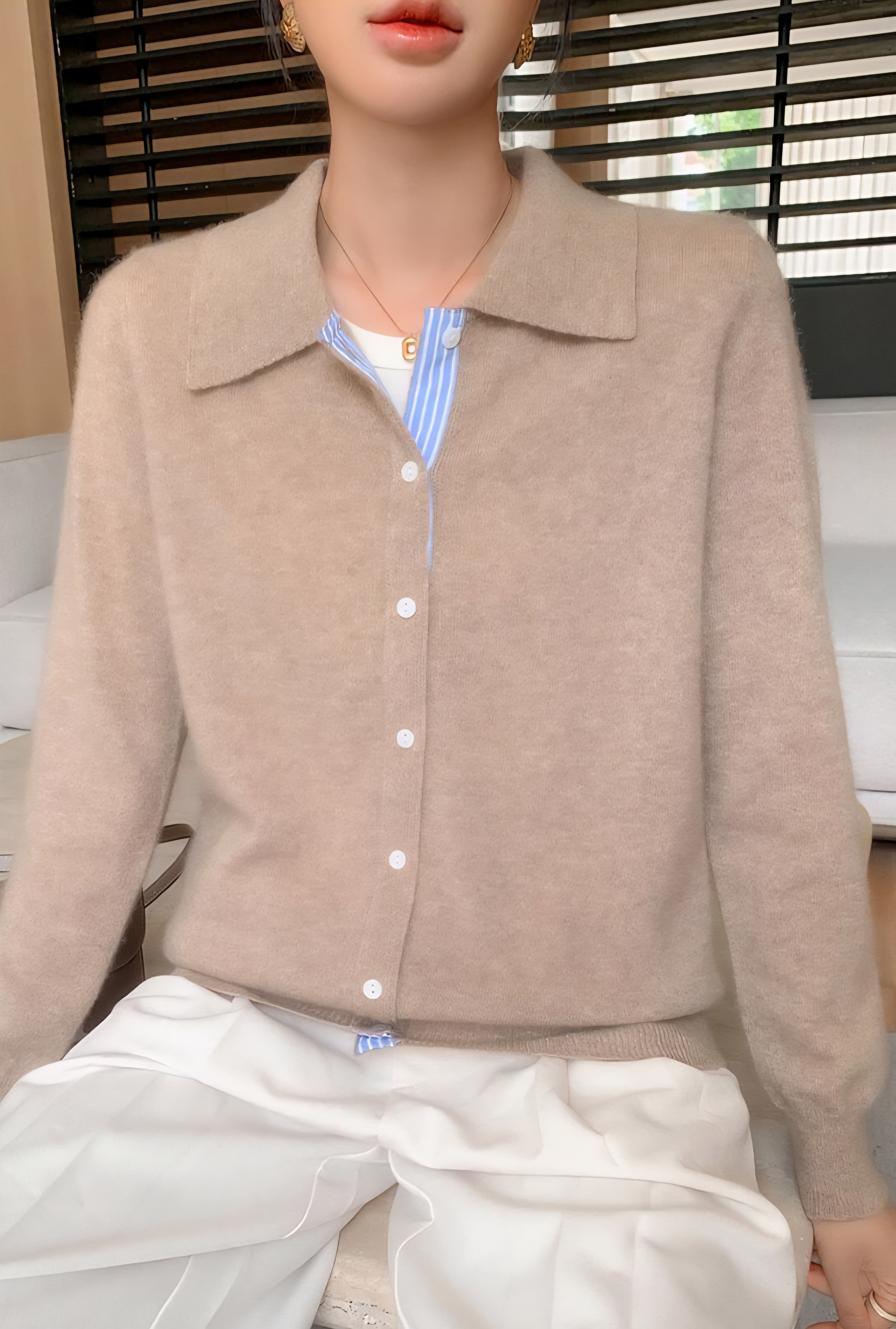 울100%카라 히든 스트라이프 가디건