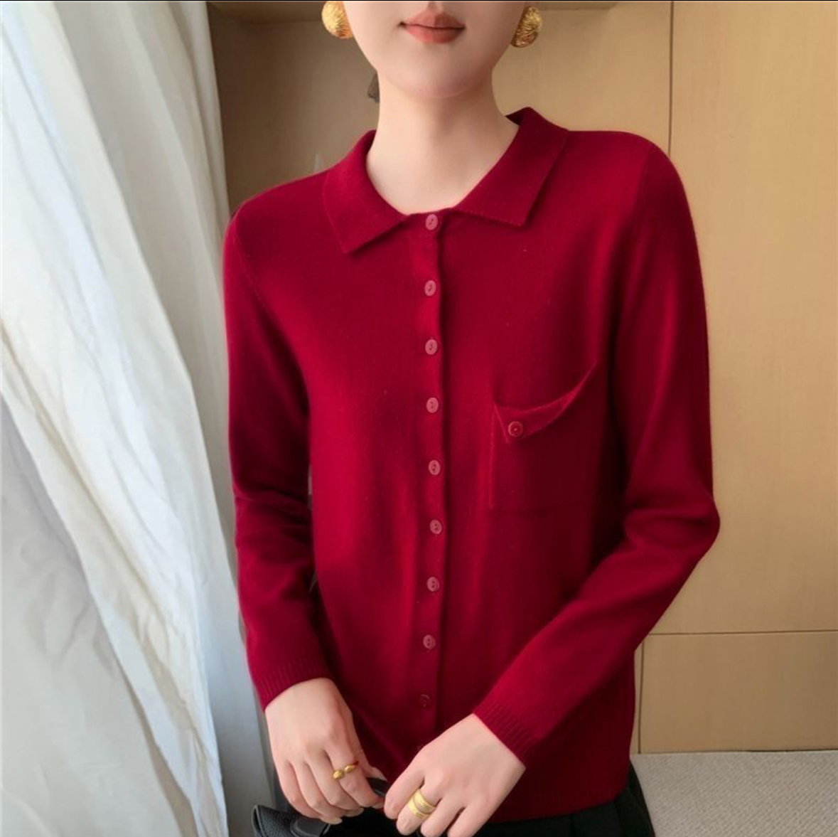 울 100% 포켓 카라 니트 가디건
