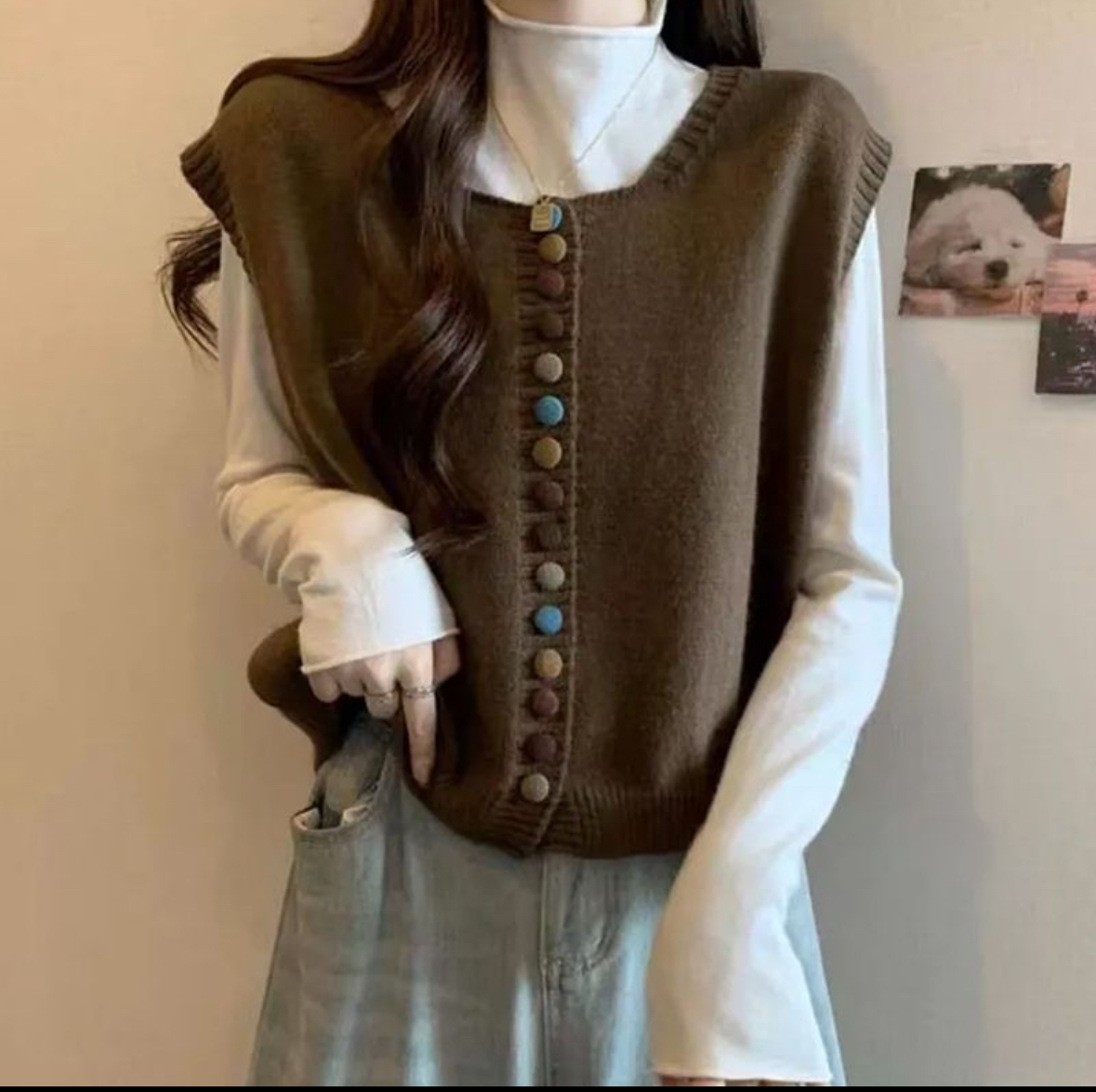 울100% 루즈핏 콩단추 조끼