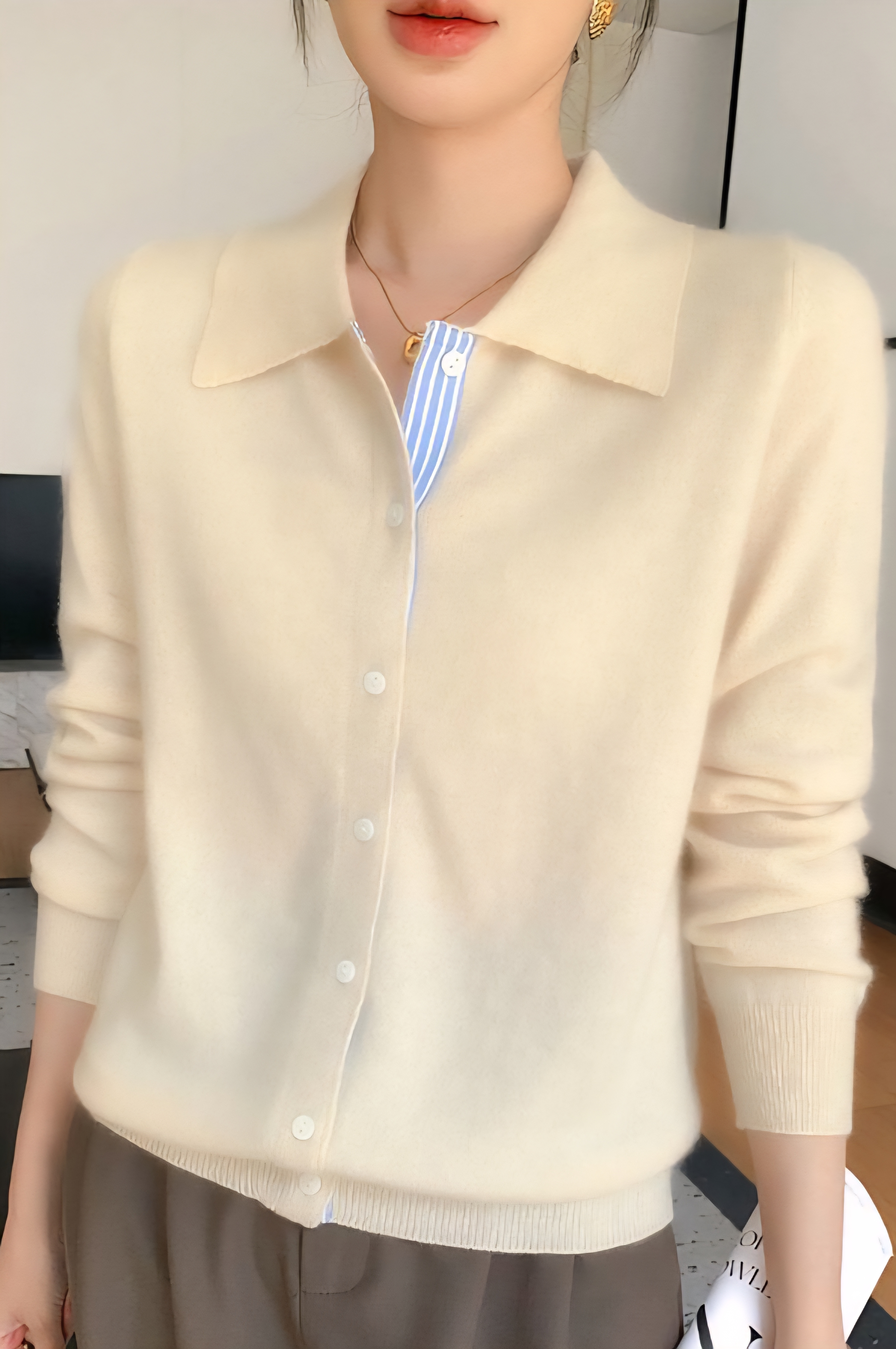 울100%카라 히든 스트라이프 가디건