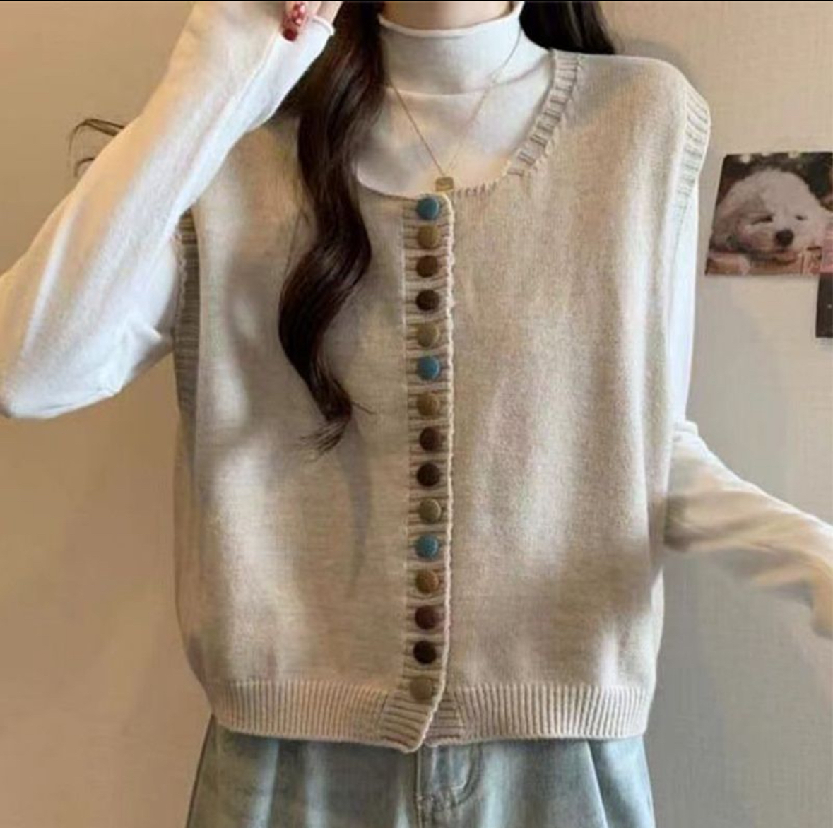 울100% 루즈핏 콩단추 조끼